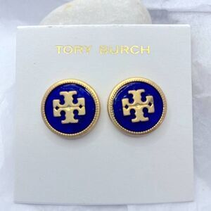 NWOT Tory Burch Gold Logo Dark Blue Medallion Stud Earrings